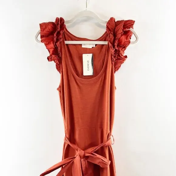 Nation LTD Everly Frilly Ruffle Strap Tiered Cotton Midi Dress Cayene Red Small - Picture 5 of 11
